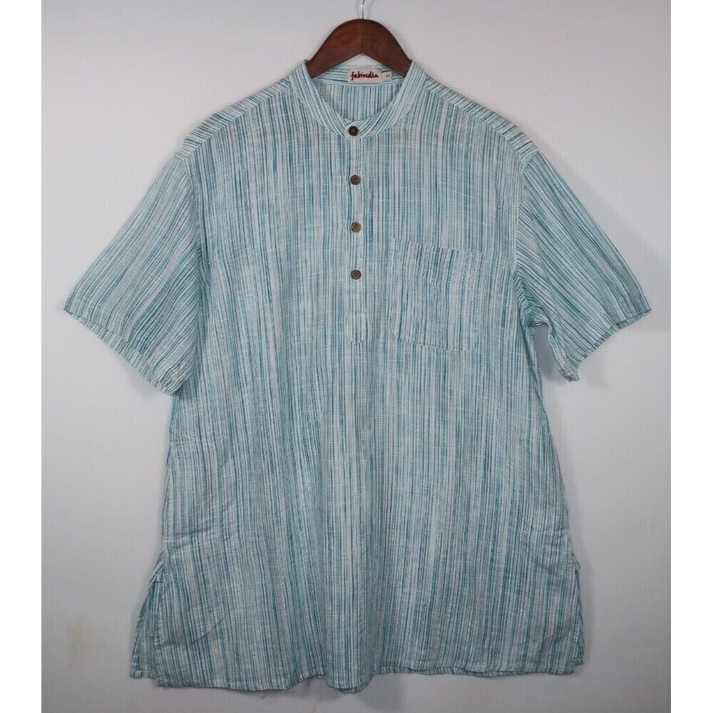 Fabindia Men's Kurta Tunic Shirt Size 42 XL Blue White Stripes Pullover Cotton - Picture 2 of 7